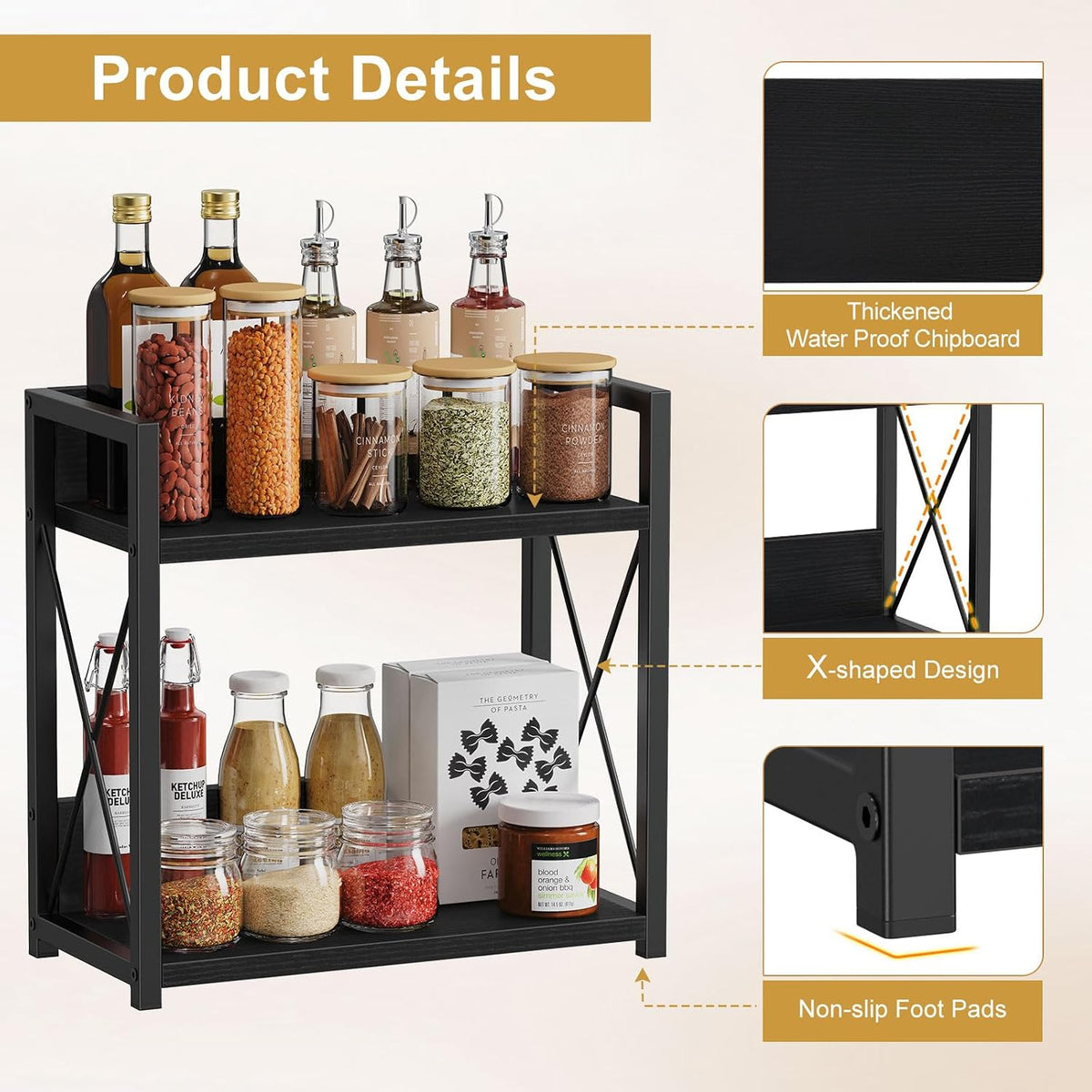 Giikin Kitchen Countertop Organizer, 2 Tier Coffee Bar Organizer, Black Spice Rack for Counter, Kitchen Counter