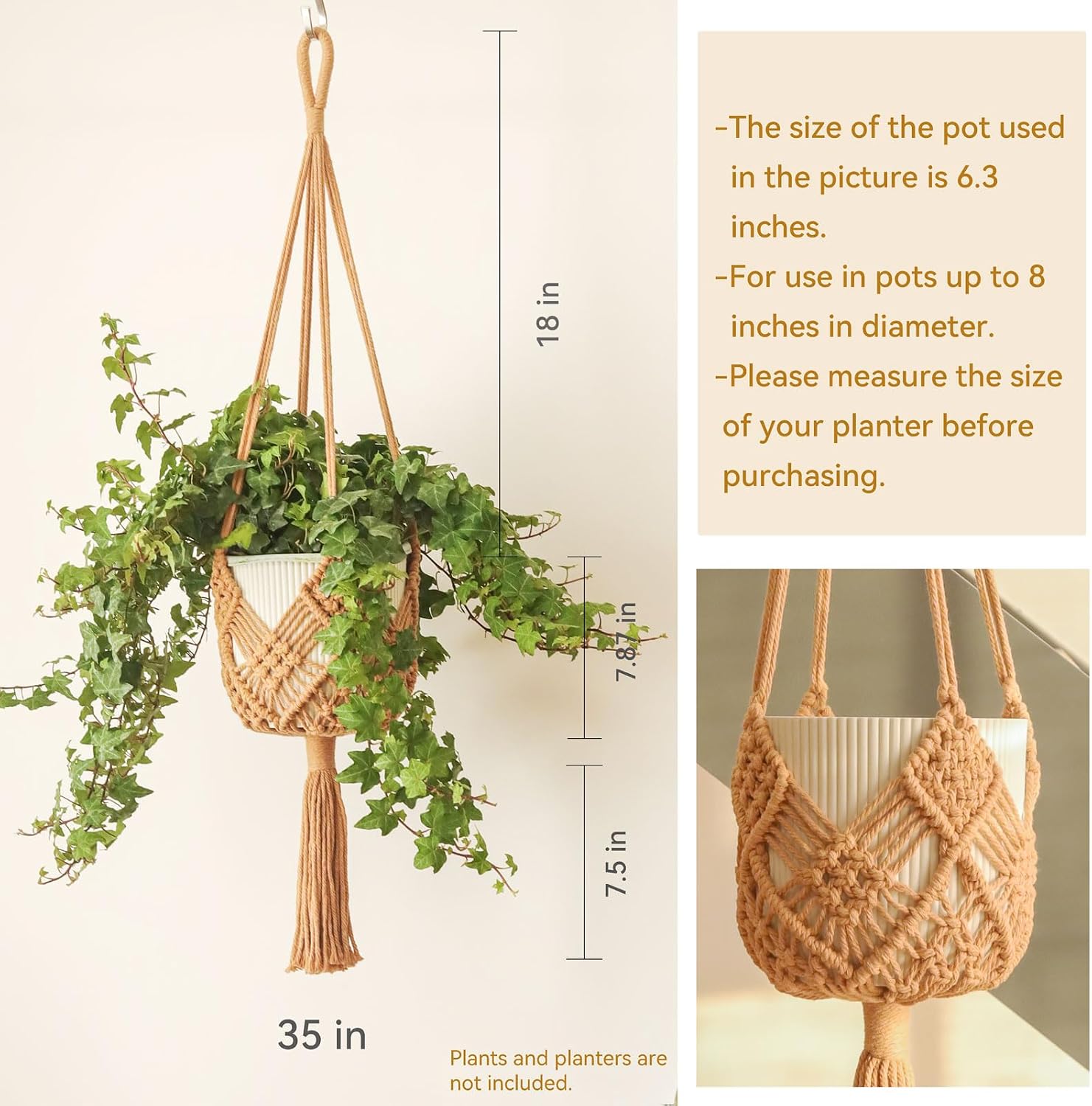 2Packs Macrame Plant Hangers Indoor Macrame for up to Pot Crochet Boho Plant / Caramel / 8 Inch