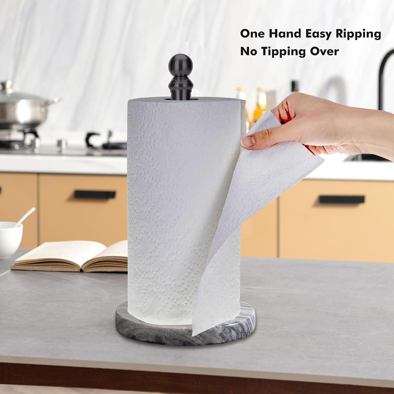 Black Paper Towel Holder Countertop with Heavy Marble Base, Standing Paper Towel Roll Holder for Kitchen Bathroom, with