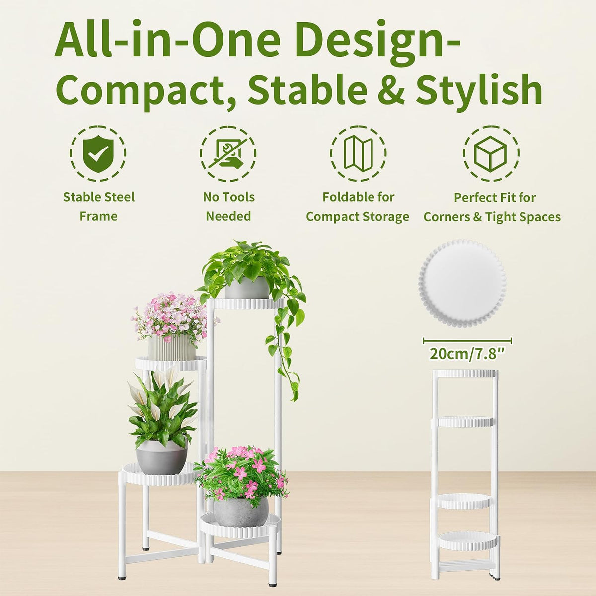 Metal Corner Plant Stand Indoor Outdoor, 4 Tier Tall Flower Pot Holder Potted Display Rack Shelf, Heavy Duty Flodable