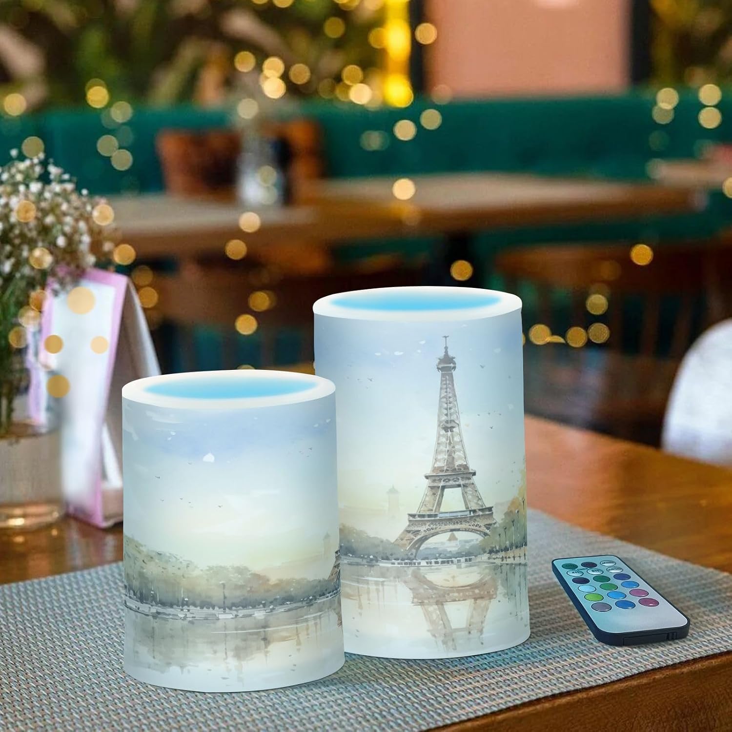 Flickering Flameless Candles, Eiffel Tower Lake LED Candles with Remote Timer, Set of 2 Battery Operated Candle for