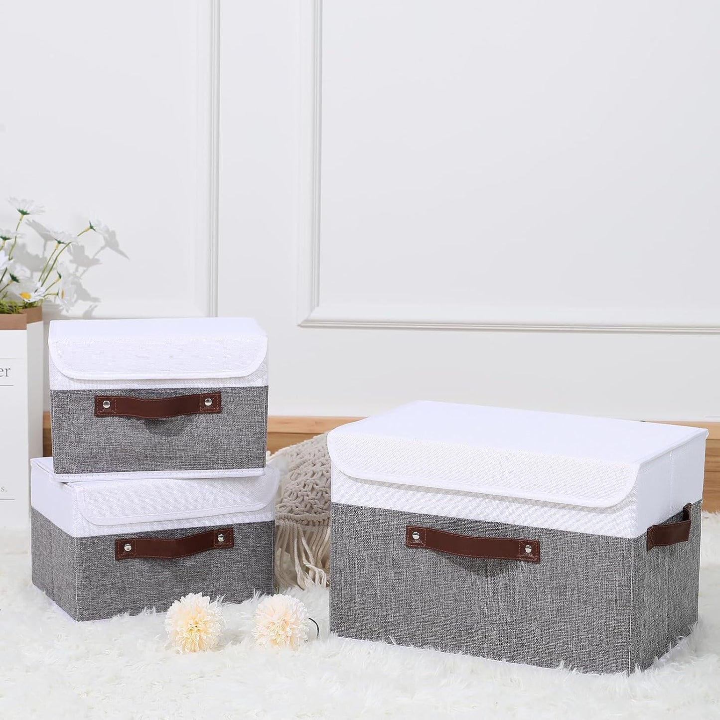 Storage Boxes / Lid Washable Decorative Storage Bins Basket / Small / Gray White / Set of 2