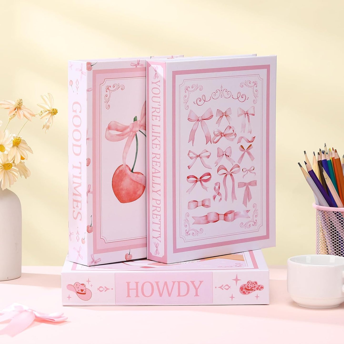 Bow Coquette Decorative Fake Books Preppy Faux Stacked Books Aesthetic / Pink / 9.8 Inch / Set of 3