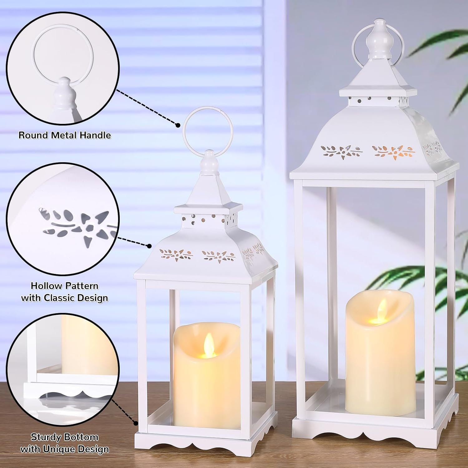 Decorative Candle Lanterns Set of 2, White Metal for Indoor & Outdoor | Ideal For Porch, Entryway, Wedding & Christmas