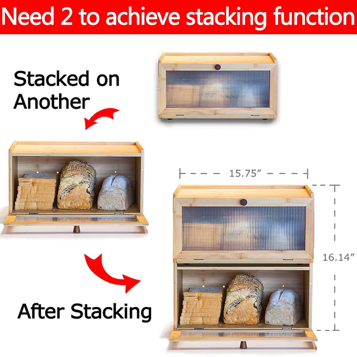 ETMI Bamboo Bread Box for Kitchen Counter-Large Capacity Bread Storage Container Farmhouse Bread Box with Window Bread