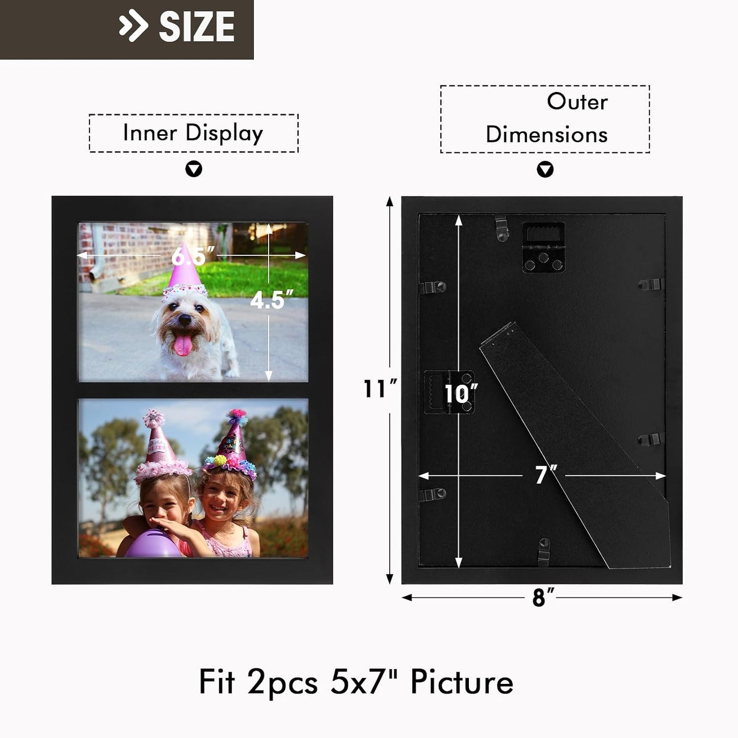 Golden State Art, 5x7 Double Picture Frame, Display Two 5x7 Photos(Black) | Solid Wood- Real Glass For Tabletop Or Wall