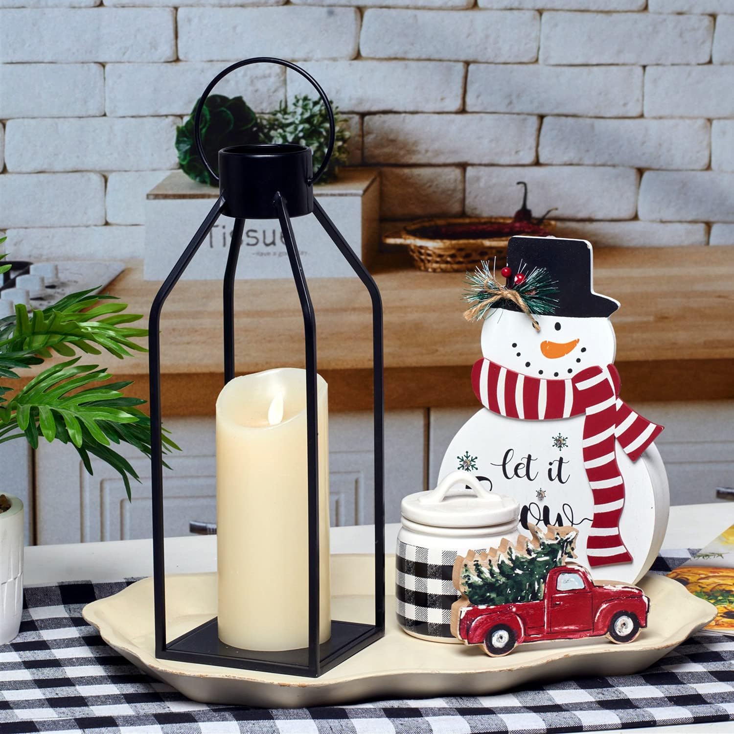 HPC Decor Modern Farmhouse Lanterrn Decor- Black Metal Candle for Summer Night- Lanterns w/Timer Flickering Candles for