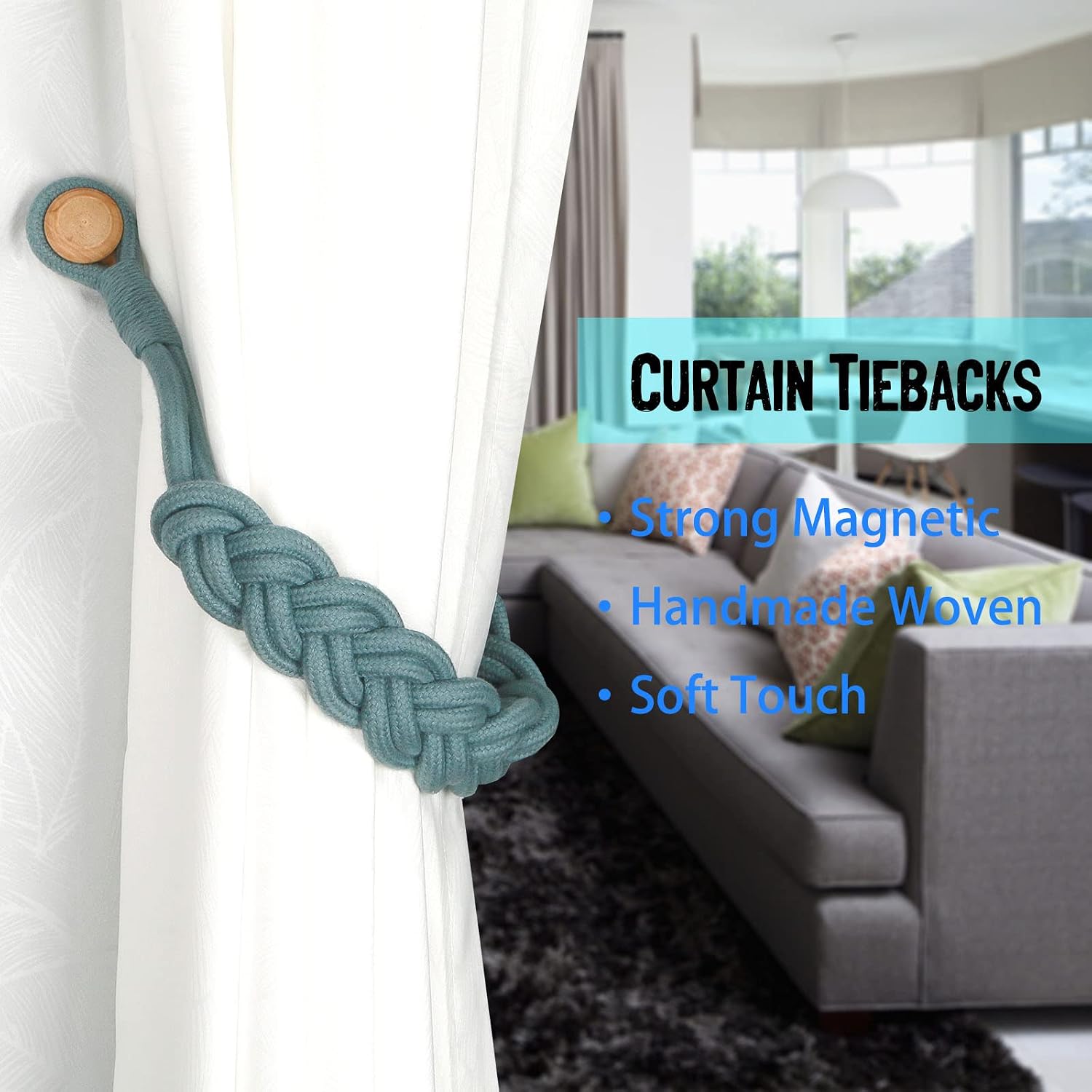 BEL AVENIR Curtain Tiebacks Magnetic 4 Pack Woven Drapery Holdback | Handmade Curtain Ties, No Drill, for Outdoor