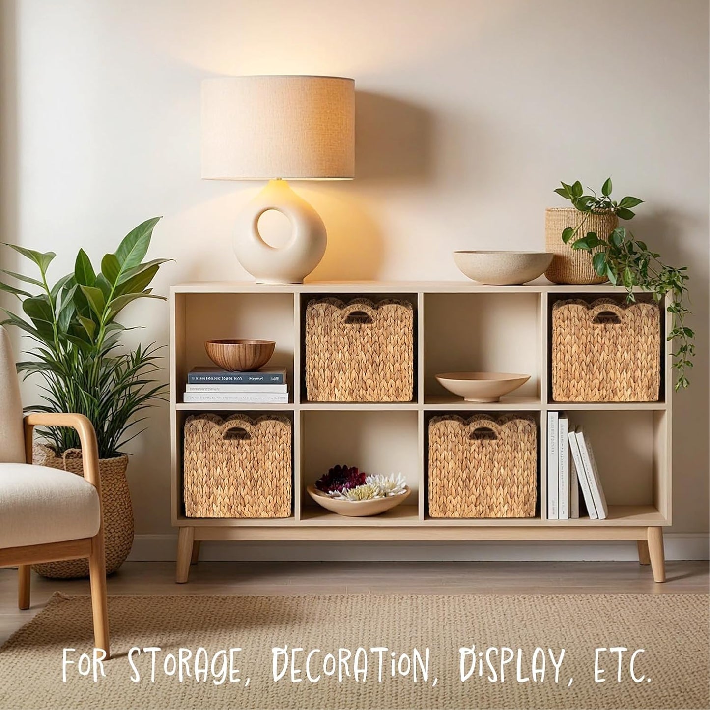 Foldable Scalloped Water Hyacinth Storage Cubes Basket / Natural Color / 12 x 12 x 12 / Set of 4