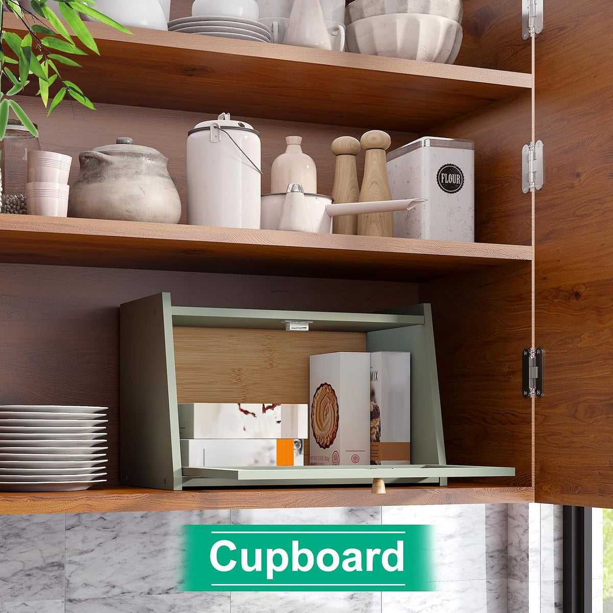 kiplant Green Bread Box for Kitchen Counter, Large Bamboo Bread Storage Container with Wavy Arcylic Door, Bamboo Wooden