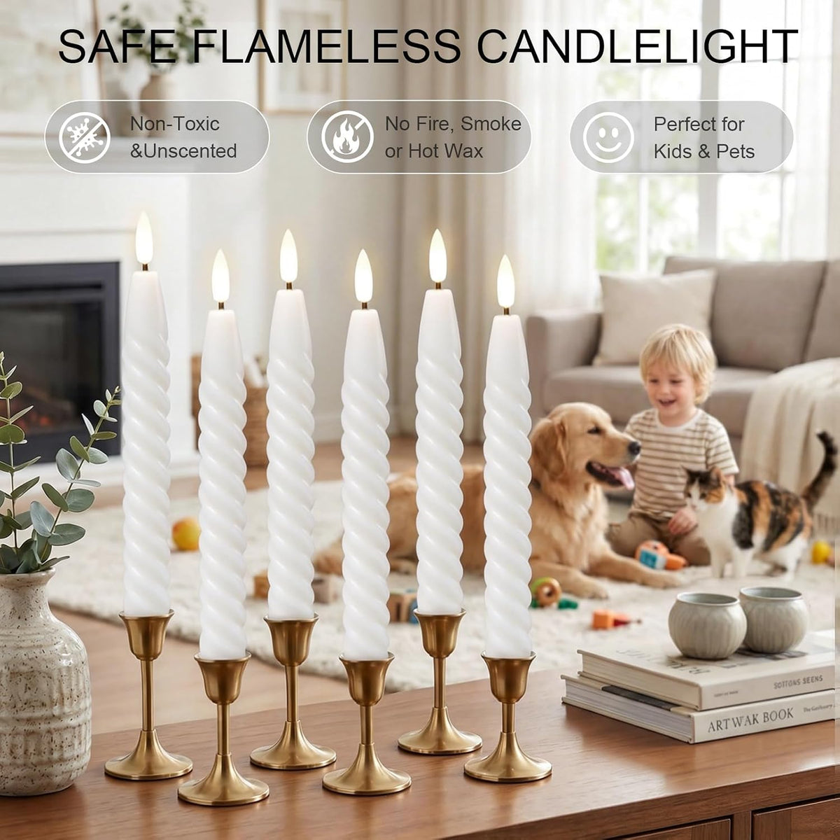 White Flameless Taper Candles Flickering with Remote Timer | LED Spiral Taper Candles, Flameless Candlesticks, Battery