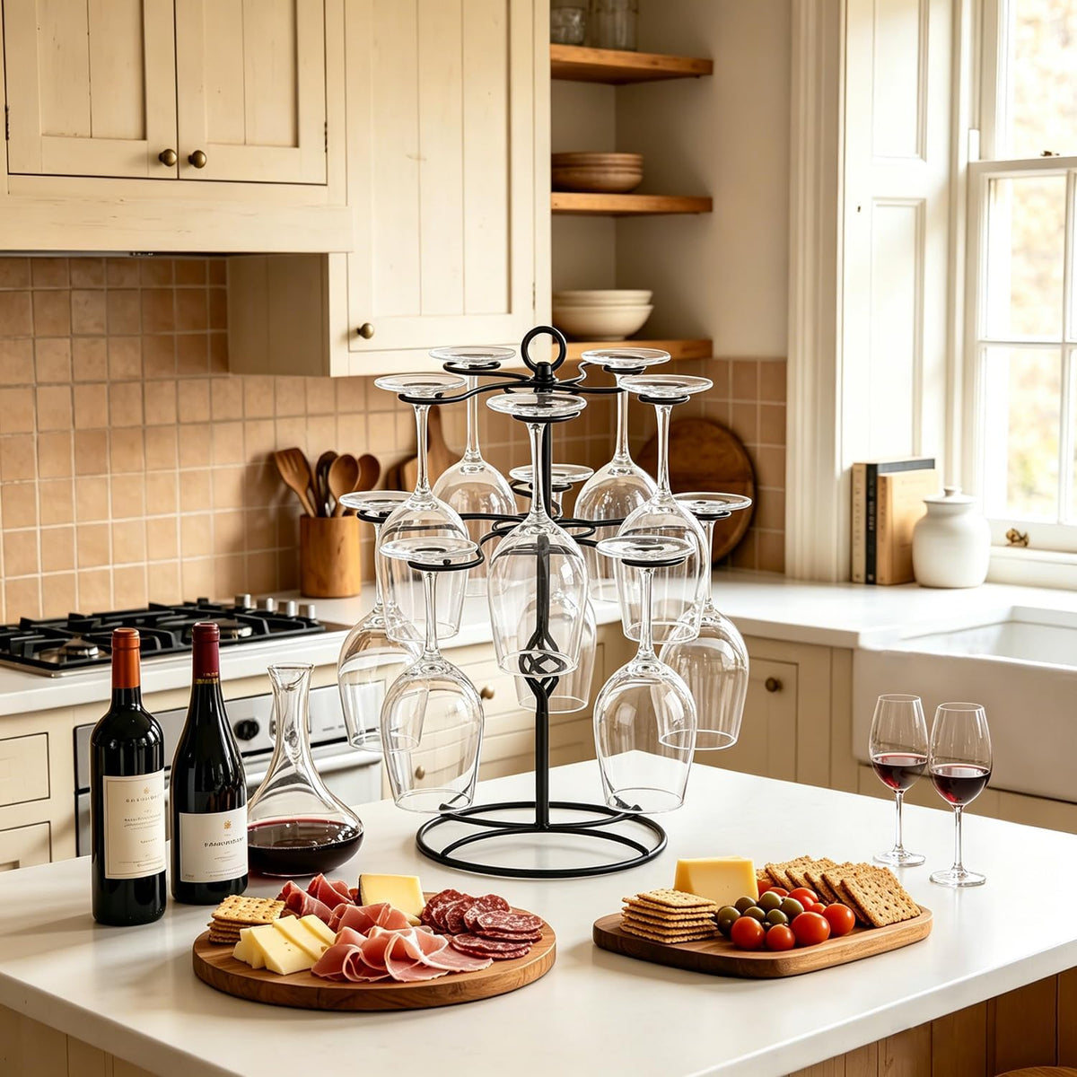 QPIX DIGITAL Wine Glass Rack 2 Tier 10 Holders Wine Glasses Stand, Black Champagne Tower Stand Countertop Tabletop