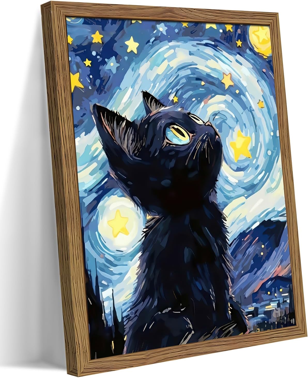 Framed Black Cat Wall Art, Van Gogh Starry Night Canvas Wall Decor, Cute Cat Animal Poster Print Picture, Impressionist