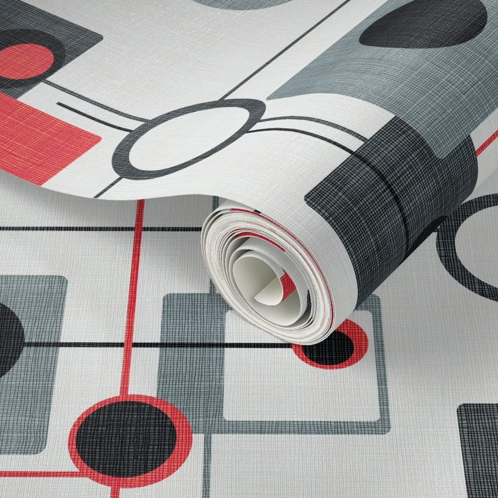 Orbs Squares Black White Vintage Retro Grey Modern Custom Removable Wallpaper / 24 x 72 / Roll / Red