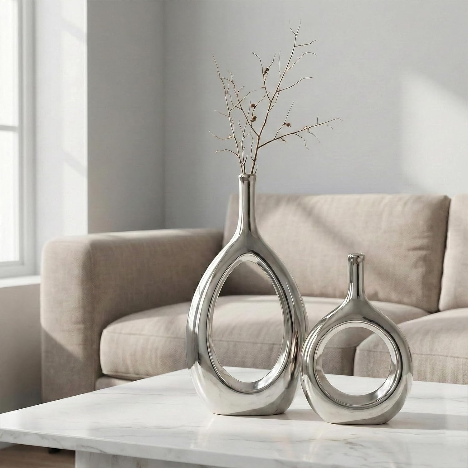 Vase Ceramic Silver Vases Home Decor / Glossy Silver