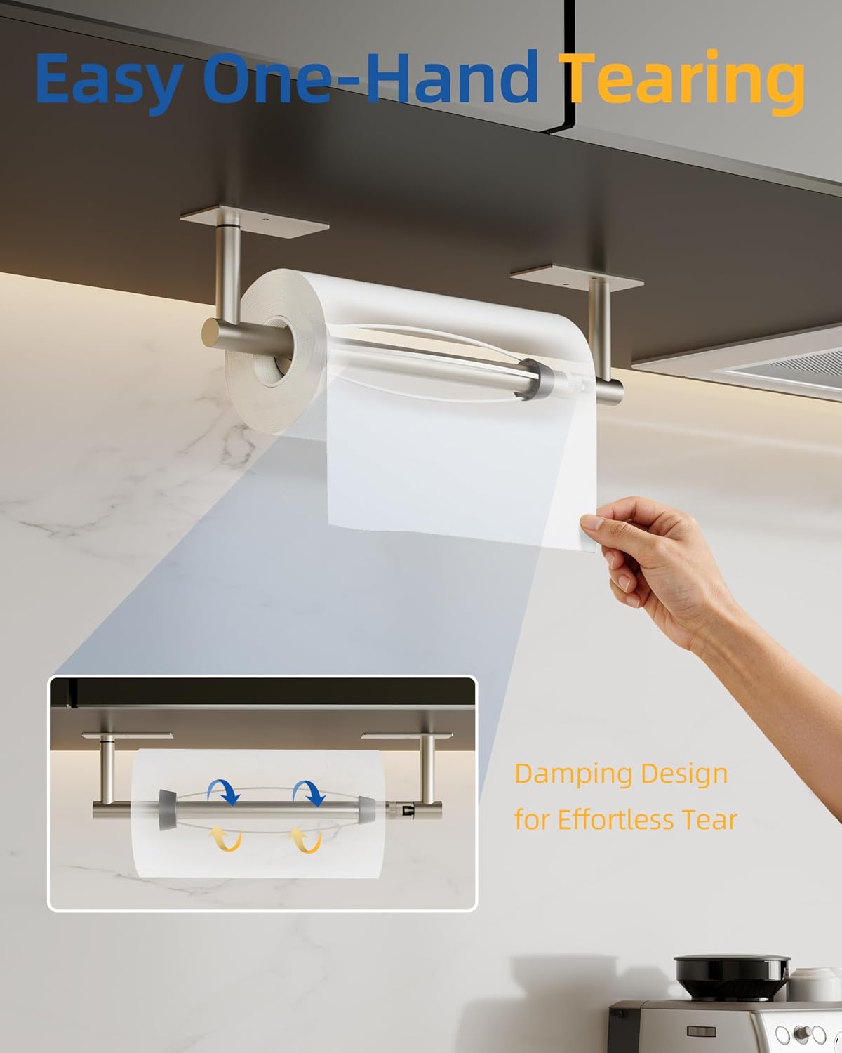 RUACQ Paper Towel Holder Under Cabinet, One Hand Tearing, Silver | Damping Effect, Drill Wall Mount & Adhesive,Square