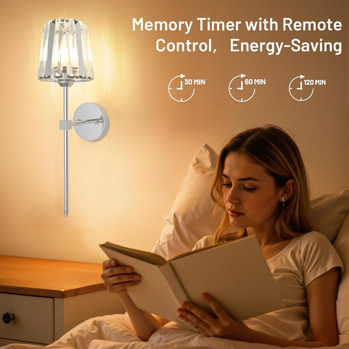 Crystal Battery Operated Wall Sconces Set of 2, Chrome Rechargeable Wireless Wall Lights with Crystal Lampshade, 12 RGB