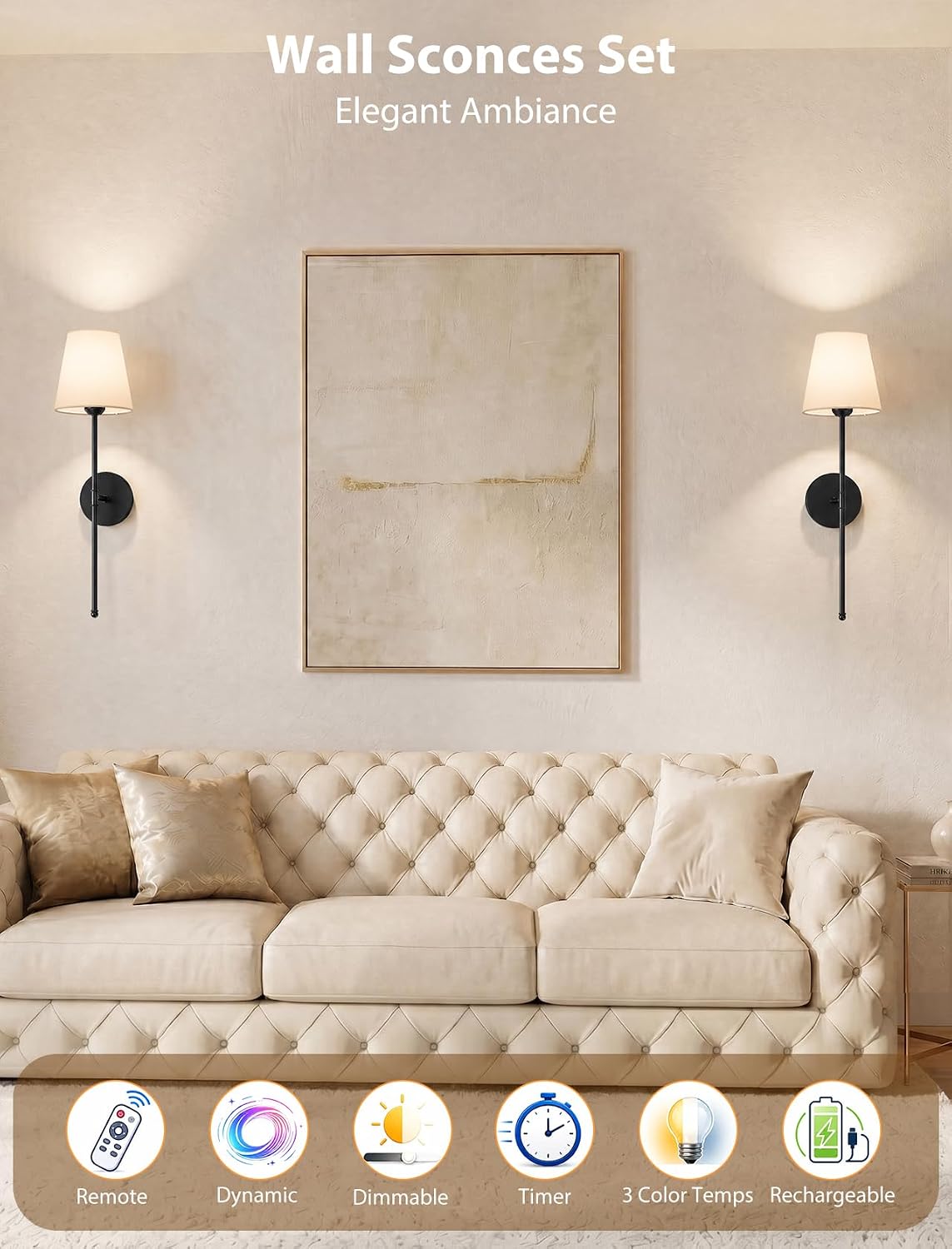 GBEAST Wall Sconces Set of Two, Rechargeable Wall Lights with Magnetic Bulb and Remote, Dimmable Wall Lamps with RGB &