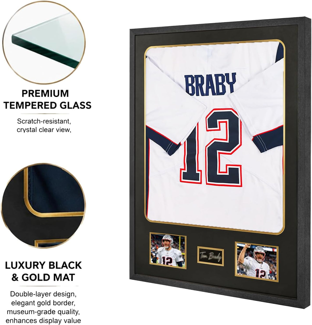 KCRasan Tempered Glass Jersey Frame Display Case with Black Gold Mat | Wooden Sport Jersey Shadow Box Frame with