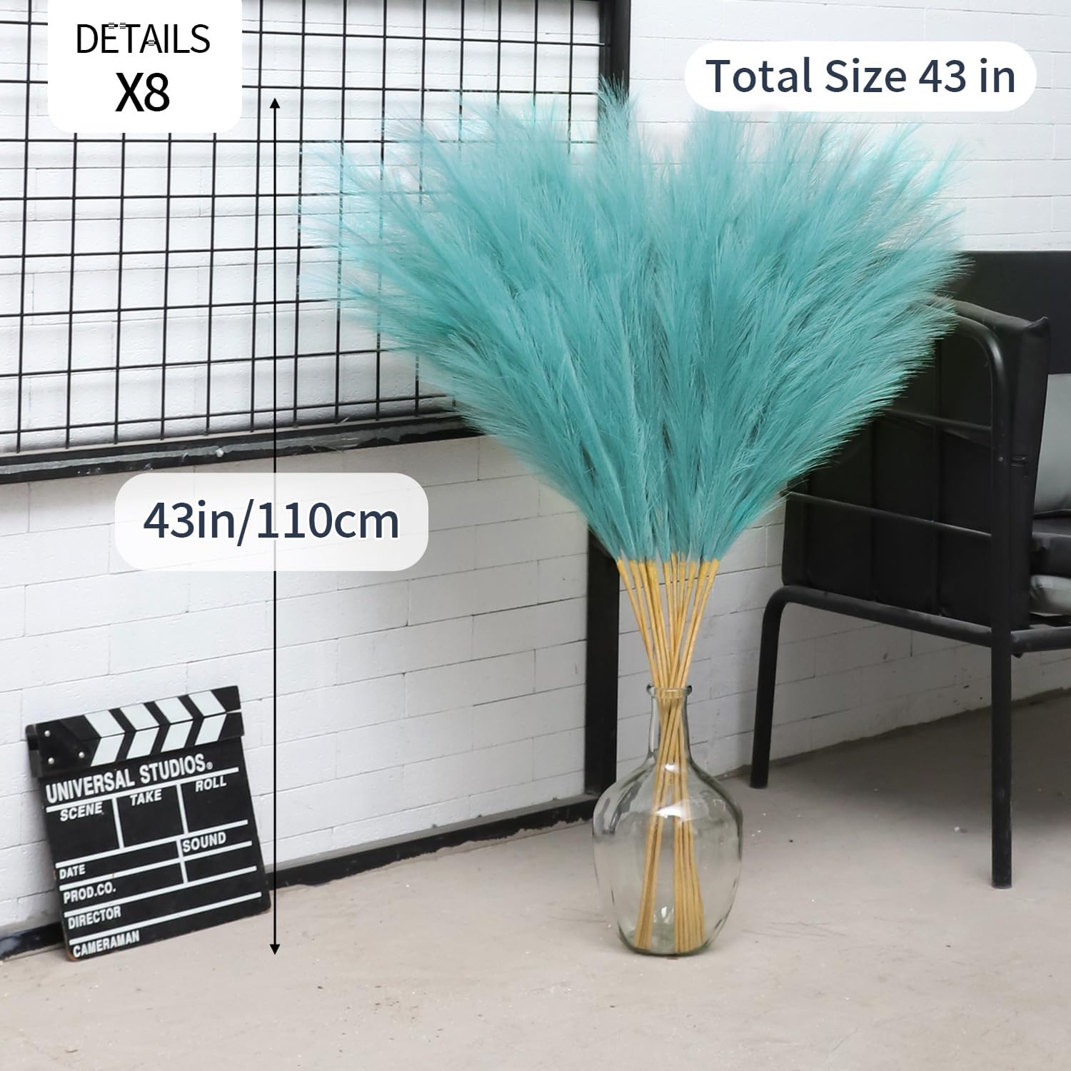 Faux Pampas Grass Flower Arrangement and Vase Filler for Boho Home Wedding / Lake Blue / Set of 8