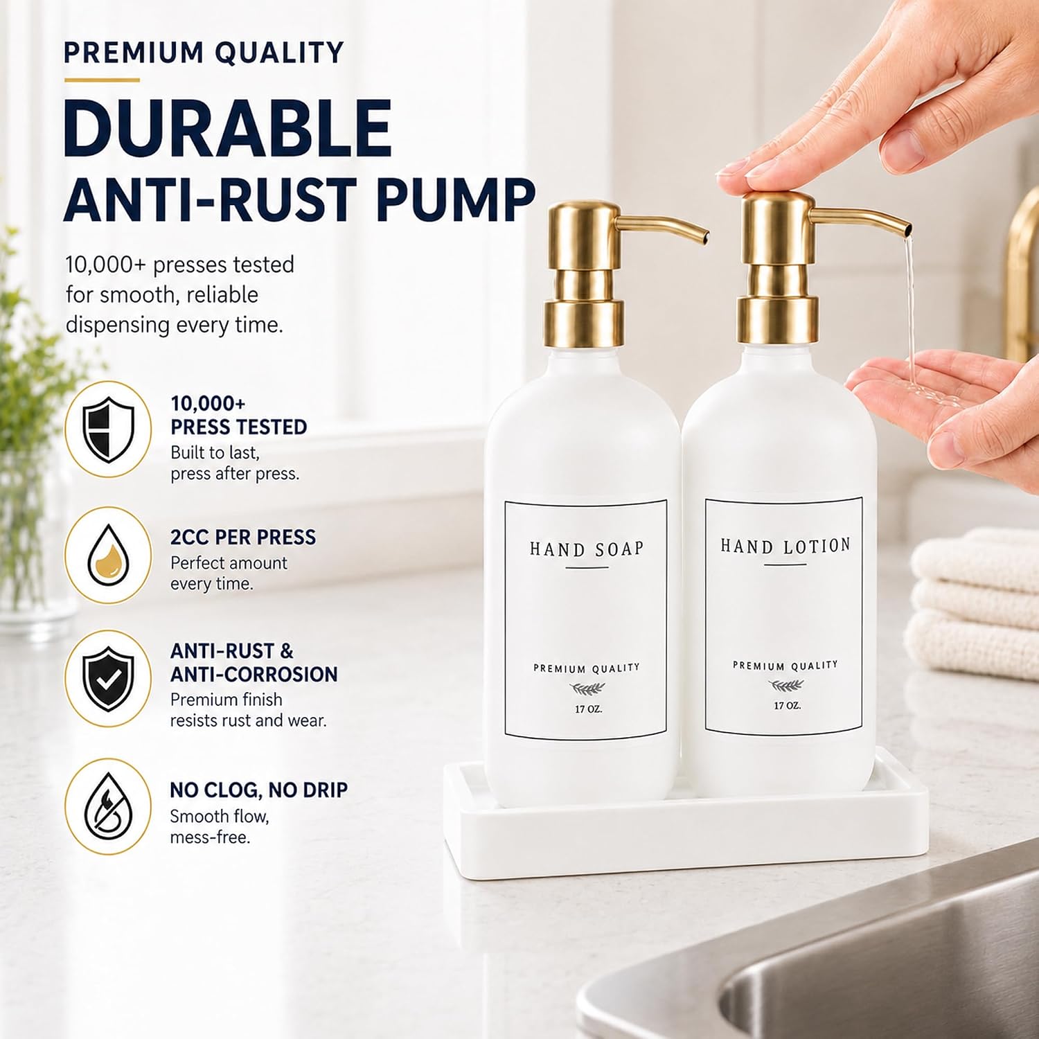 Thick Glass Soap Dispenser - Kitchen Dish Hand Soap Dispenser Set,Rustproof Pump Soap Lotion Dispenser Bathroom with