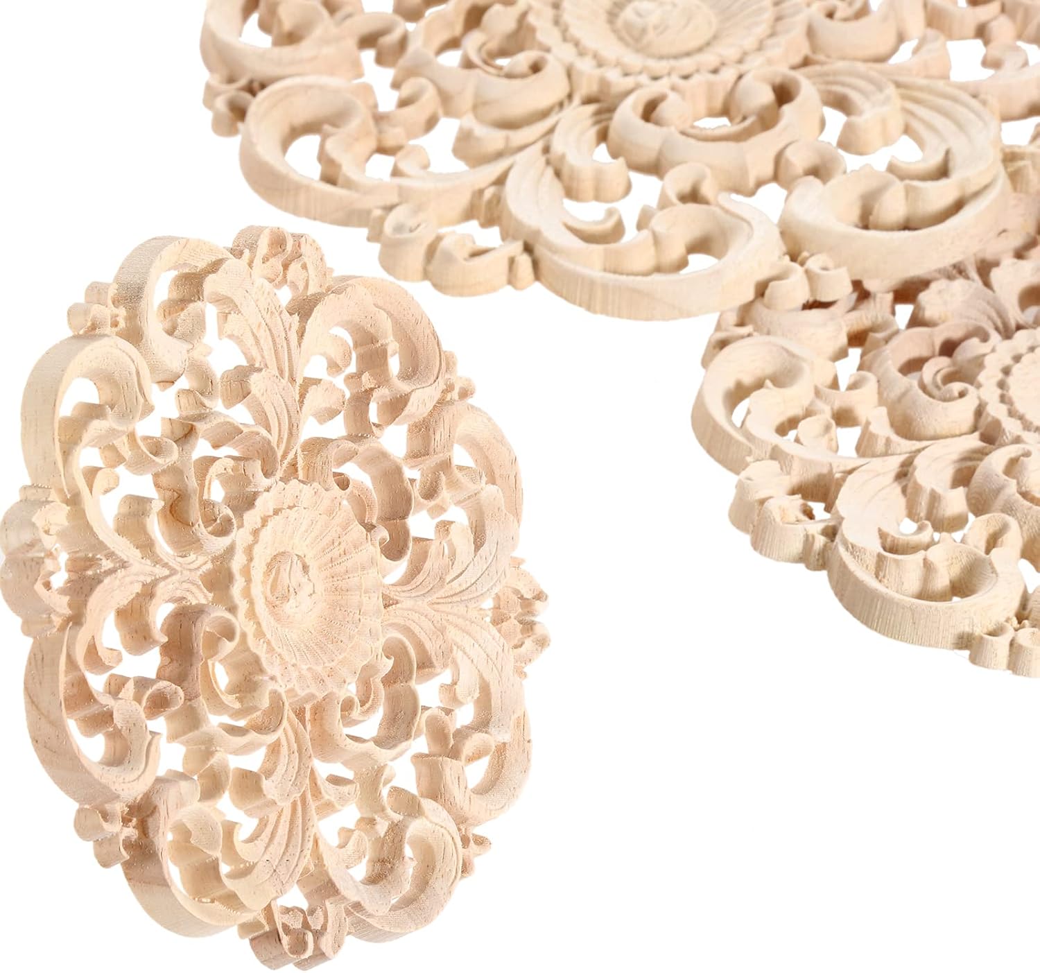 Unpainted Wooden Carved Flower Carvings Decals / 4.72 Inches / 4-pack / Set of 4