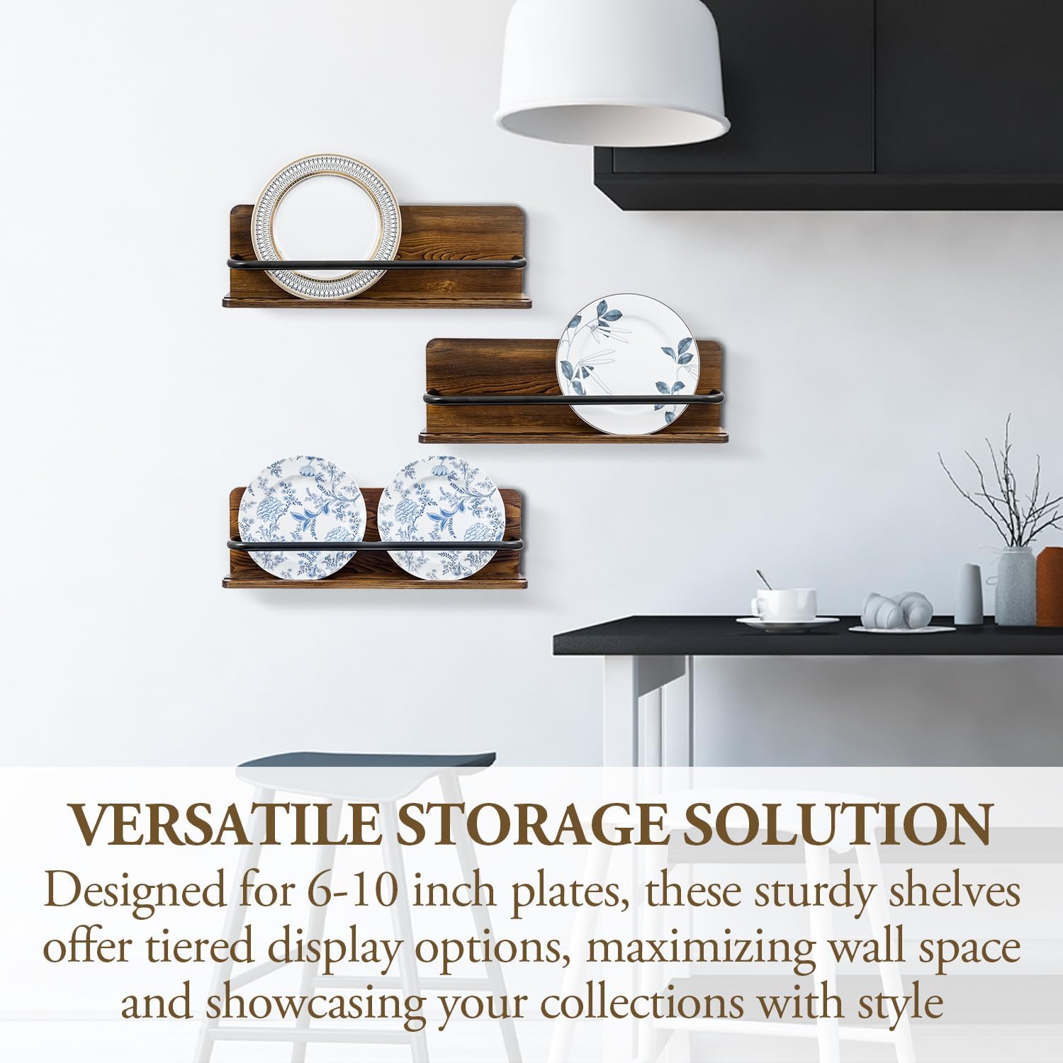 MyGift Plate Wall Hangers for Display, Set of 3 Wall Mounted Plate Rack for 6 to 10 Inch Plates, Decorative Wood Stand