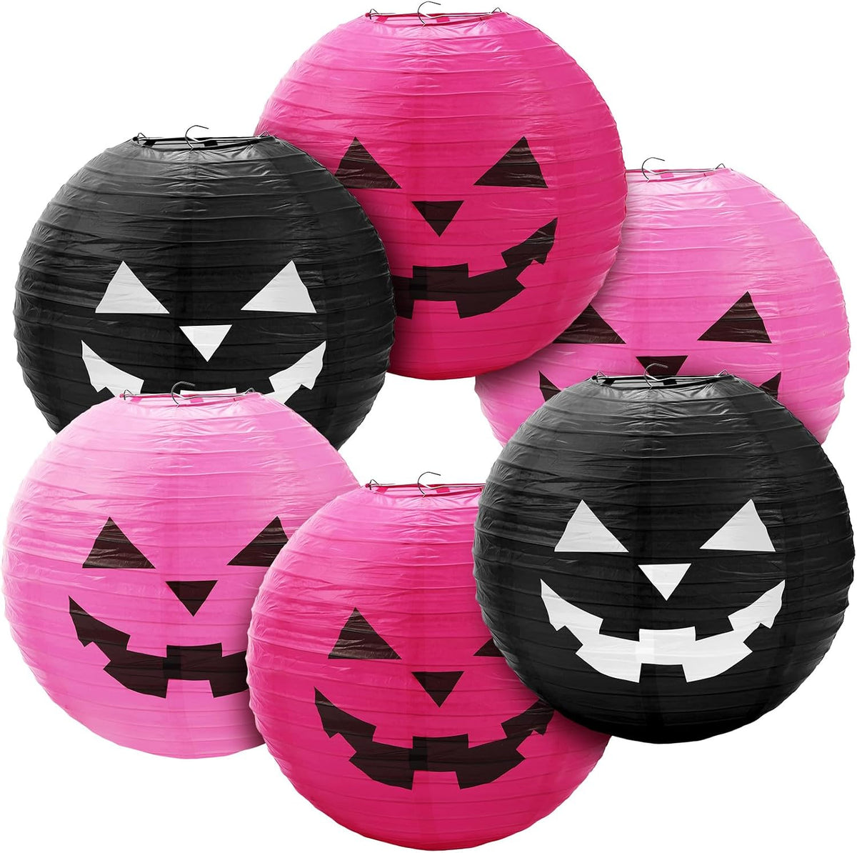 Blulu 6 Pieces Halloween Hanging Paper Lanterns Set Pumpkin Paper Jack-O'-Lantern for Halloween Spooky Home Party Decoration, 11.8 x 11 Inch (Pink,Black)