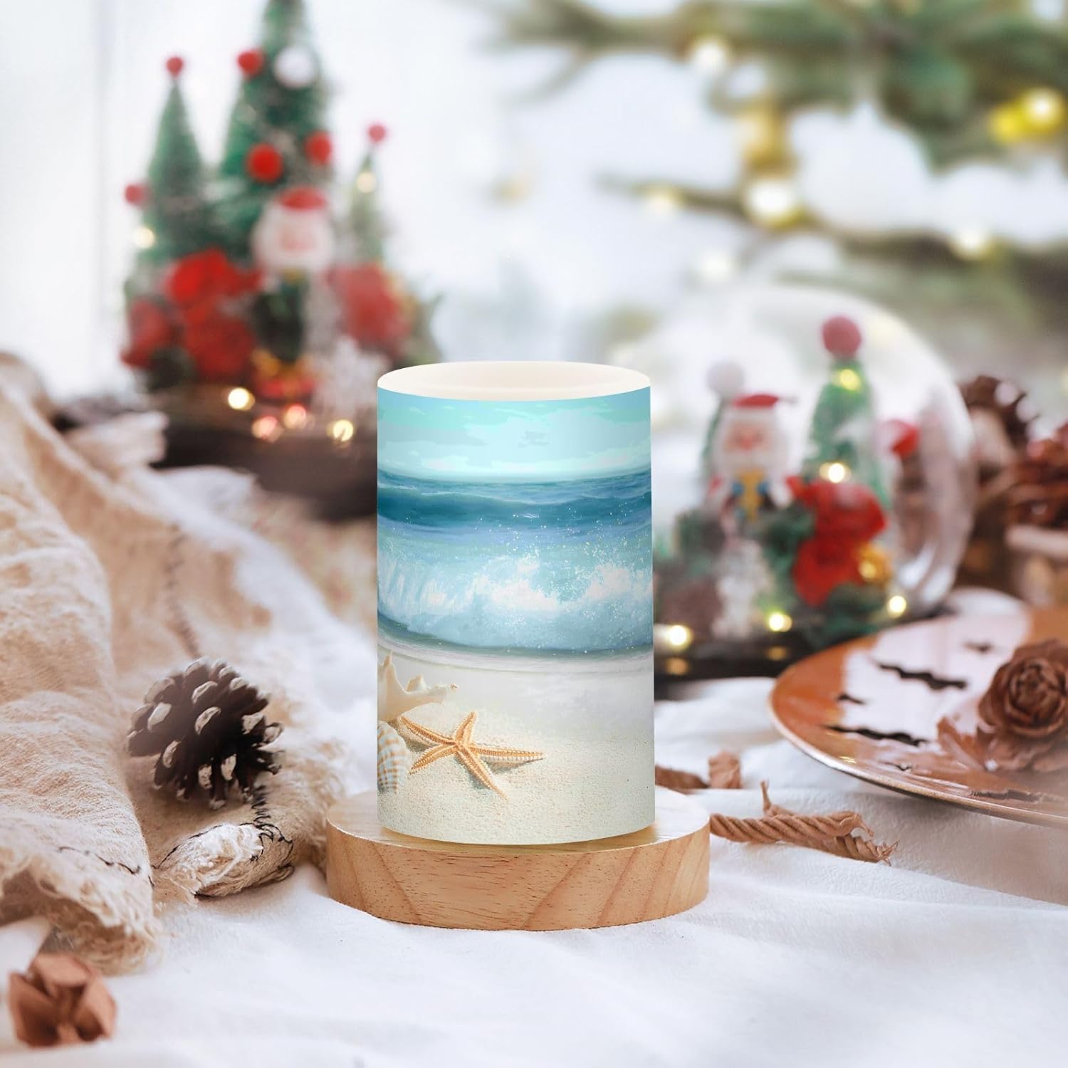 Flickering Flameless Candles, Shells Summer Sandy Beach LED Candles with Remote Timer, Set of 2 Battery Operated Candle