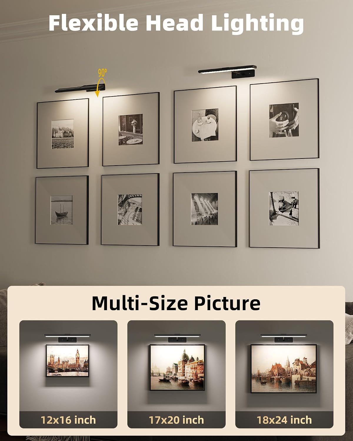 EZVALO Picture Light for Wall, 16'' Black Rechargeable 4800mAh Black Lights Wireless Remote, Dimmable Magnetic LED Art