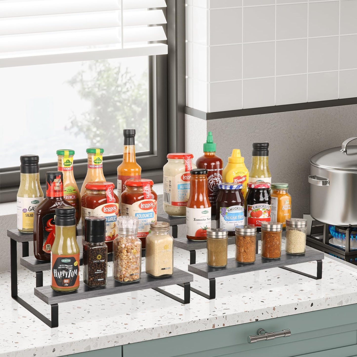 YINMIT Wooden Display Riser Stand, Tiered Perfume and Cologne Organizer Stand, 3 Tier Spice Rack Organizer, Rustic