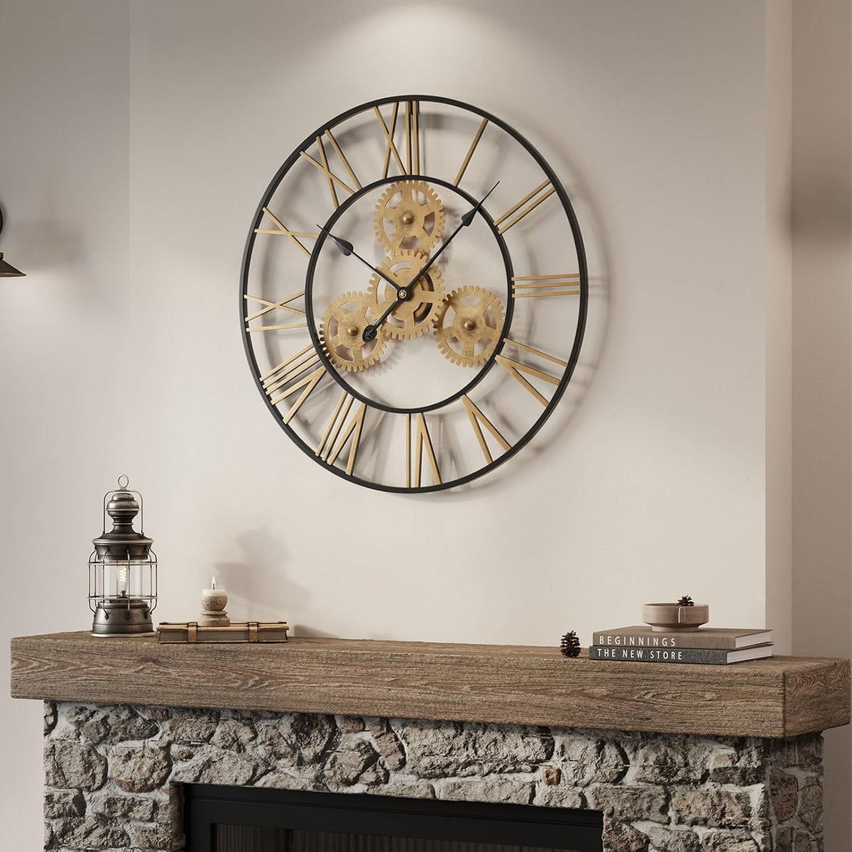 Cuspin 24 Inch Wall Clock Black Gold Industrial Metal Gear Decorative Clock | Silent non ticking, battery operated