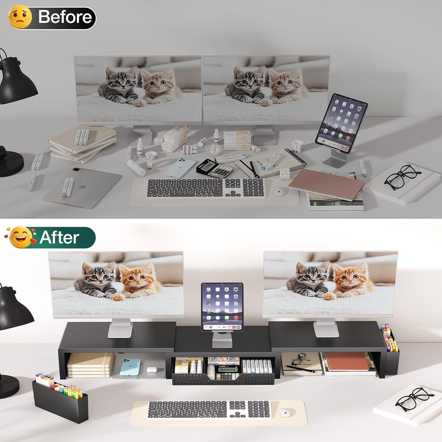 Desk Organizer and Accessories, Dual Computer Monitor Stand Riser with Drawer and 2 Pen Holders, Laptop Stand, Office