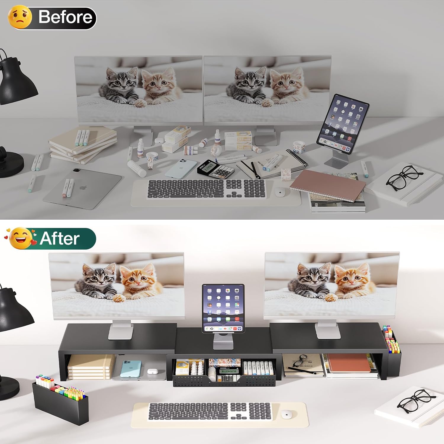 Desk Organizer and Accessories, Dual Computer Monitor Stand Riser with Drawer and 2 Pen Holders, Laptop Stand, Office