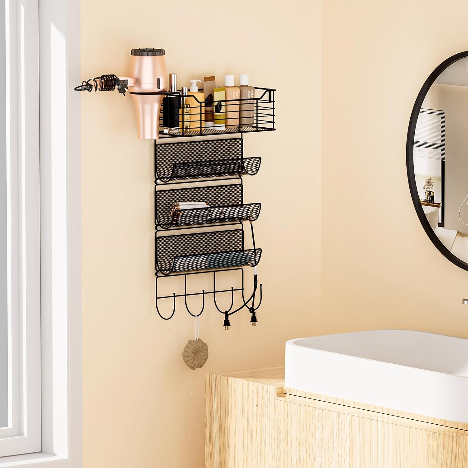4 Tier Hair Tool Organizer Wall Mount, curling iron holder Basket, Black | Metal Mesh, Hair Dryer Holder, Bathroom Hair