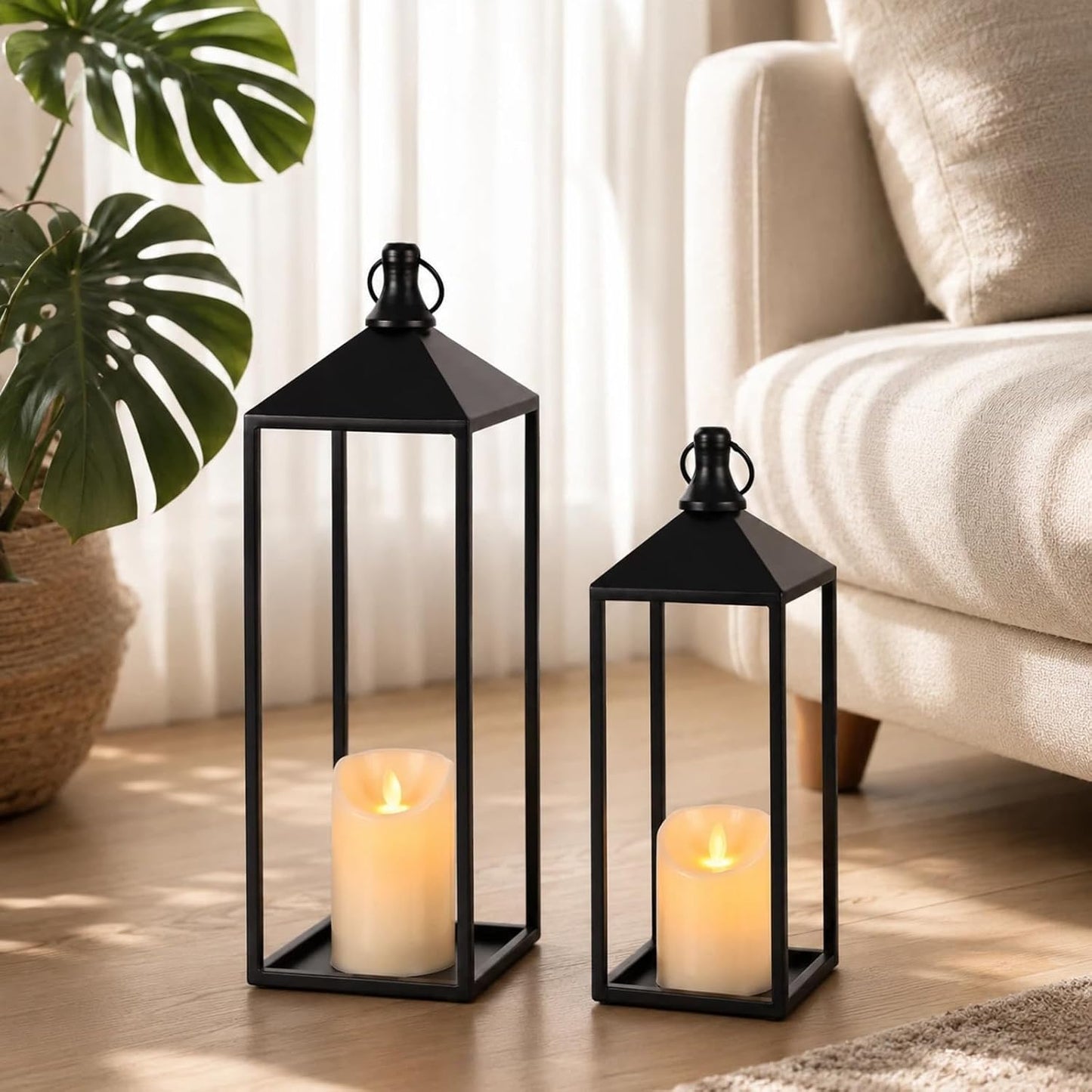 Lanterns Decorative Outdoor Indoor, 17" 13" Set of 2 Black Candle Lanterns | No Glass Metal Outdoor Lantern for Porch