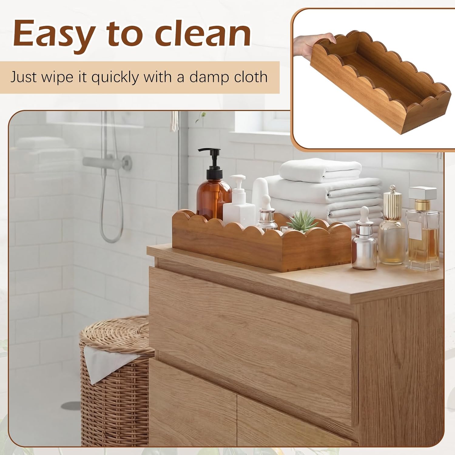 Toilet Paper Basket Storage Scalloped Wooden Toilet Tank Tray Topper Farmhouse / Walnut Wood
