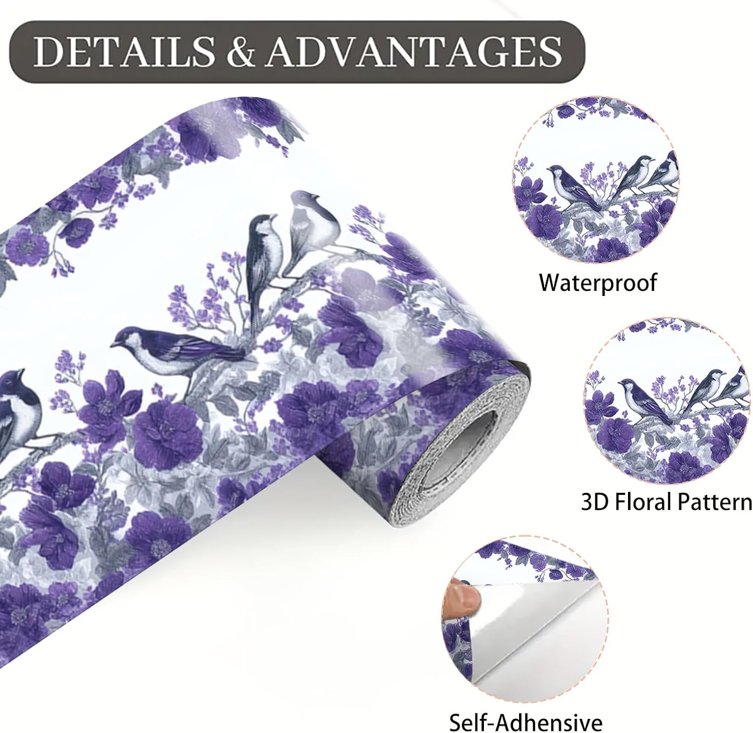 Wallpaper Border Peel and Stick Wall Border Self Adhesive Romantic / Purple Floral Bird / 196 x 4