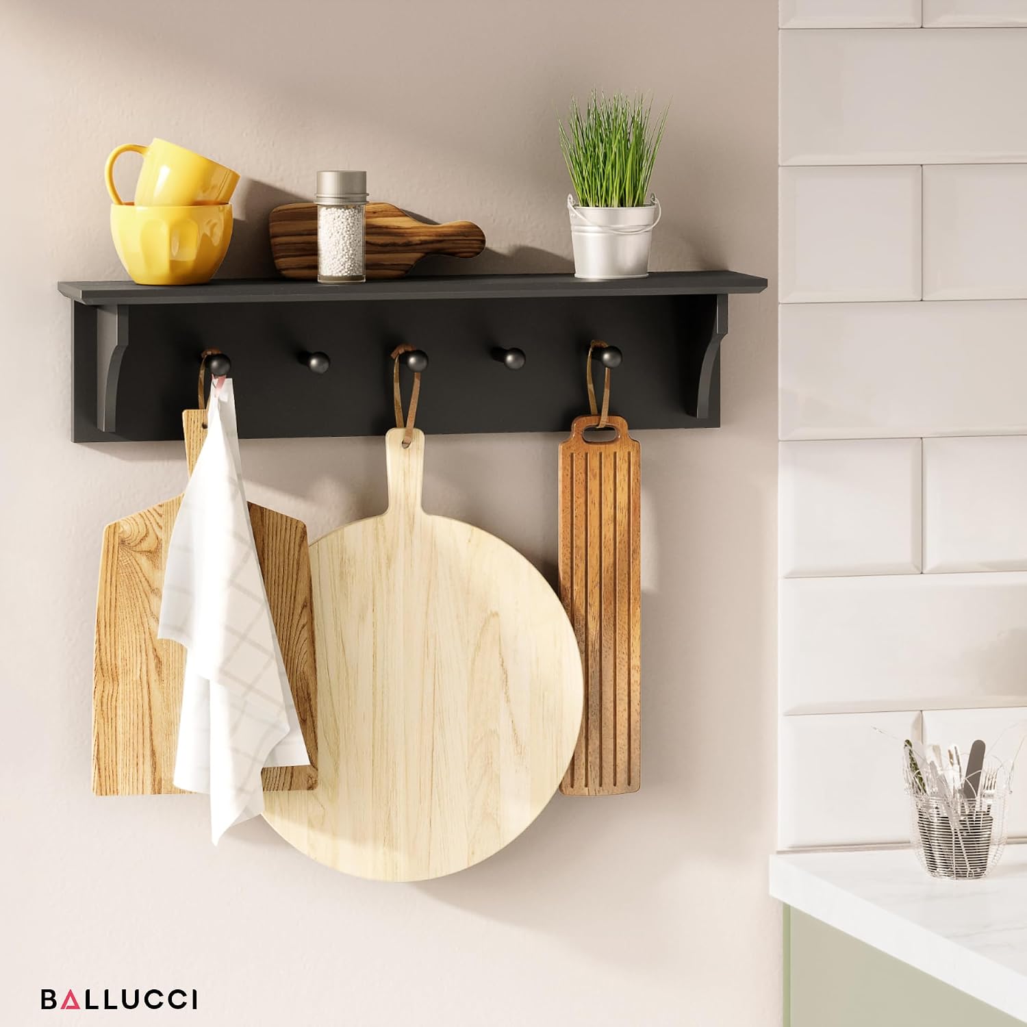 Ballucci Floating Coat and Hat Wall Shelf Rack, 5 Pegs Hook, 24", Black