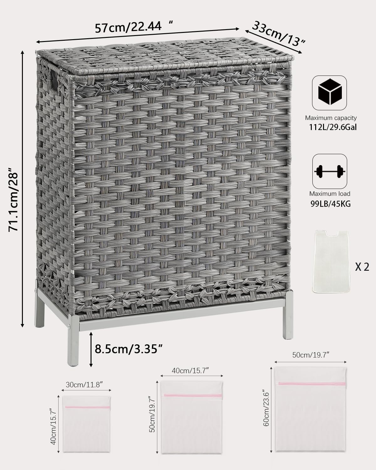 112 L Handwoven Rattan Wicker Laundry Basket / Gray / 112 L - 29.6 Gal
