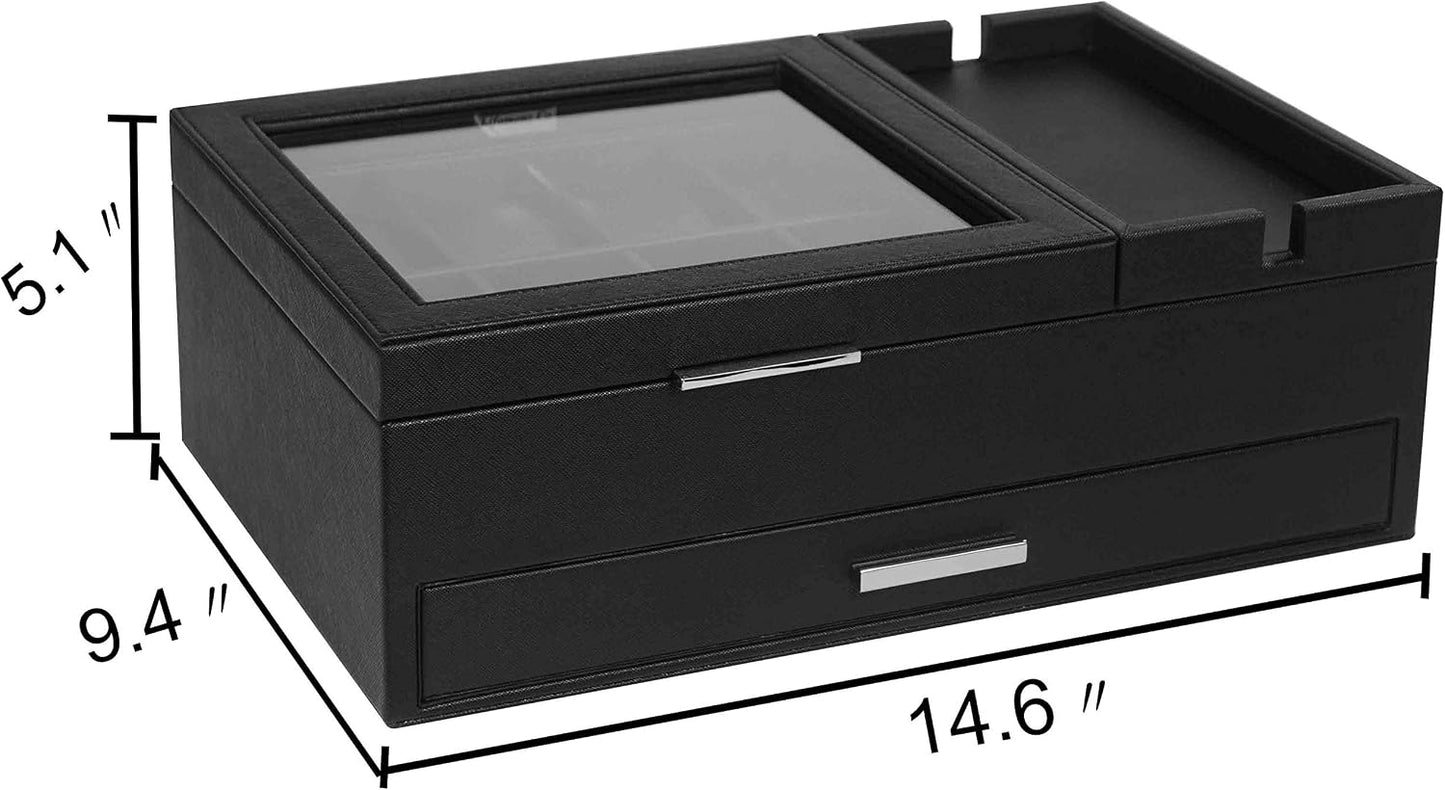Mens Jewelry Box Organizer with Charging Station - Valet Tray with Drawer for Watch, Wallet, Sunglasses, Keys