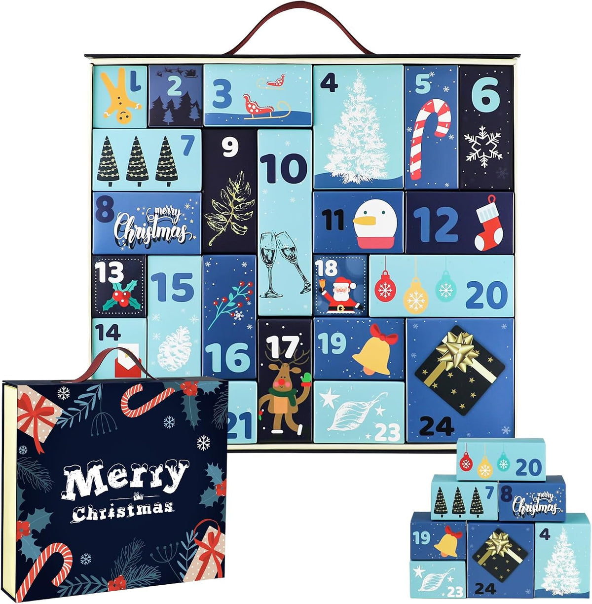 Christmas Advent Calendar, Empty Advent Calendar to Till Yourself, 24 Days Christmas Countdown Box, Reusable Empty Gifts Boxes, Xmas Gifts for Boys Girls Teens Adults
