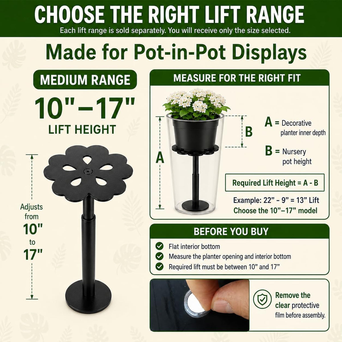 Adjustable Plant Risers for Inside Pots, 10-17 Inch Lift Height | Flower Planter Insert for Tall Pots, 2 Stands, 2 x 8"