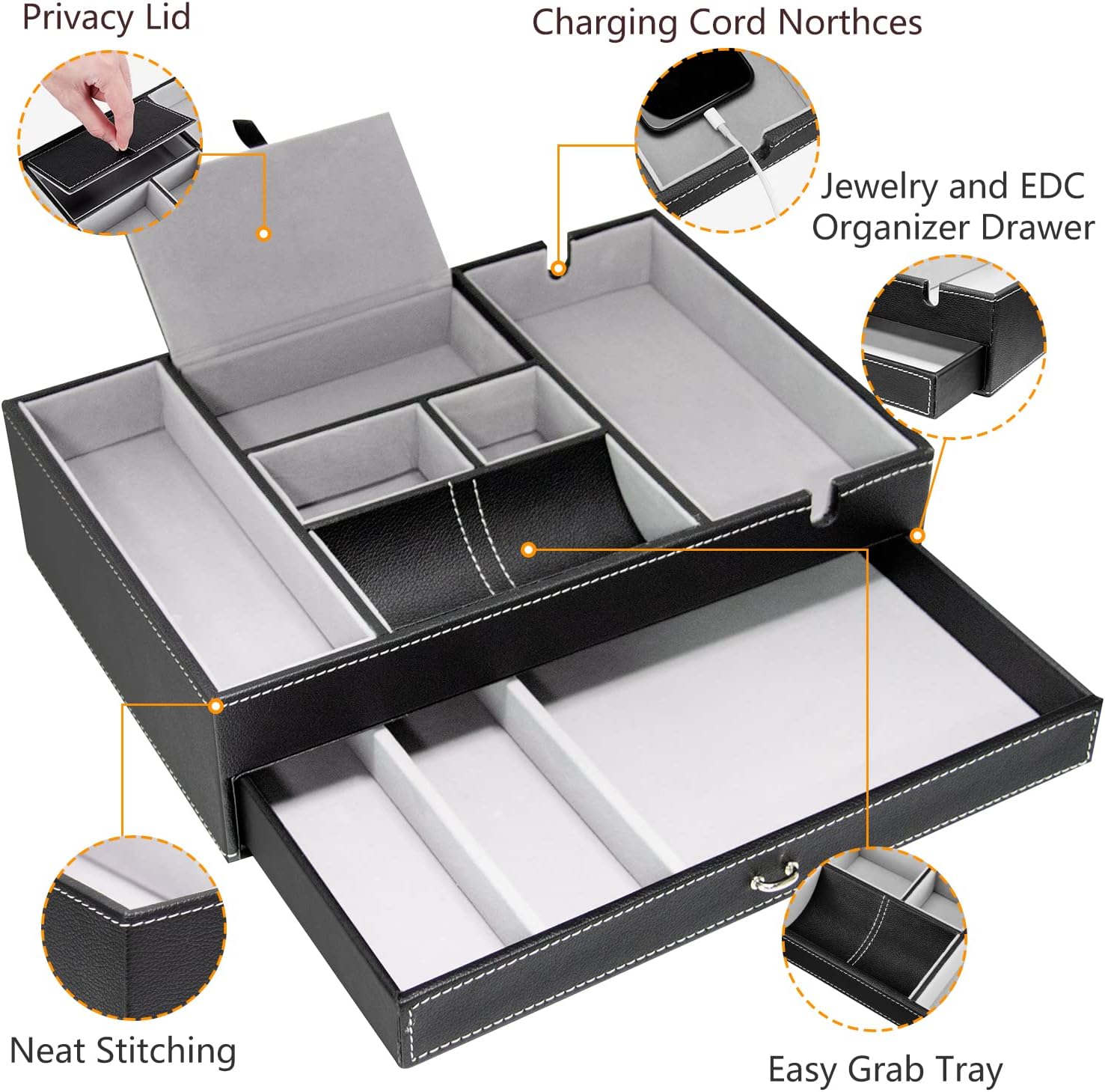 Baoyun Valet Tray for Men, 2 Layers Nightstand Organizers for Men and Women, Leather Jewelry Storage Box, Mens Dresser