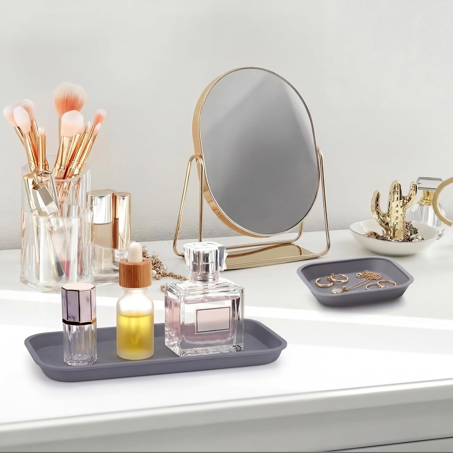 Mini Silicone Bathroom Trays Multifunctional Bathroom Counter Tray / Dark Gray / 7 Inch / Set of 6