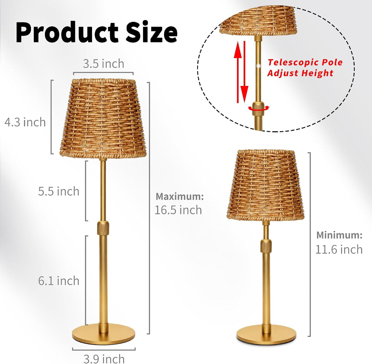 Mr.White Outdoor Waterproof Rechargeable Cordless Table Lamp with Wicker Shade, 5200mAh Battery Operated Table Light