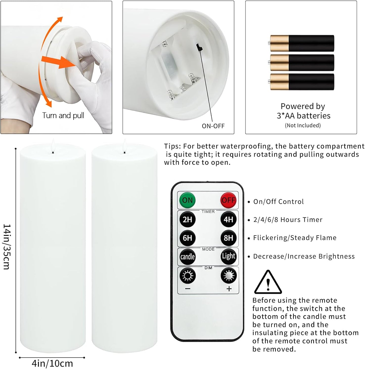 14" x 4" Large Outdoor Candle with Remote Timer Waterproof White 2 Pack | Battery Operated Flameless Pillar Candle