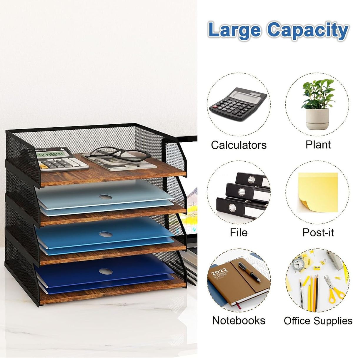 Natwind 4-Tier Stackable Metal Mesh Paper Organizer with Sliding Tray,Retro | Wooden Desk Organizer, Letter Tray For