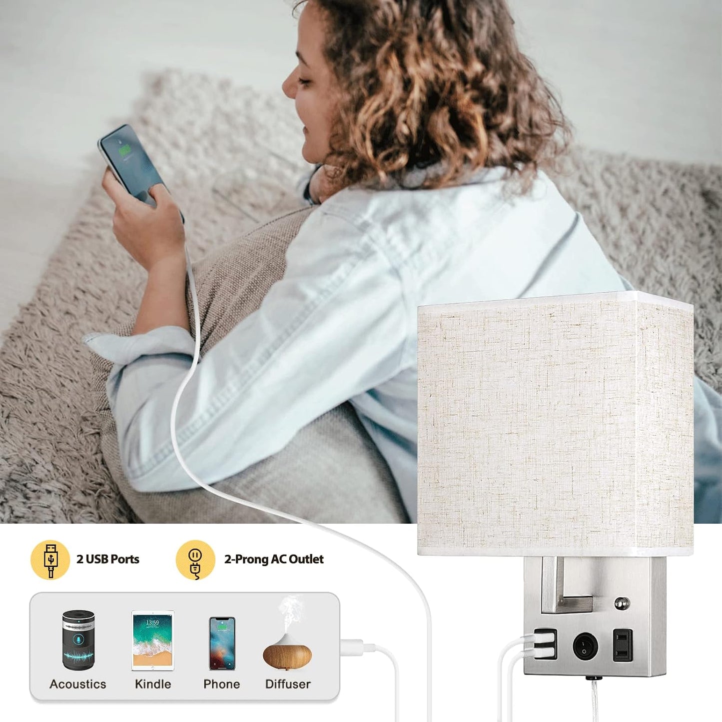 CADUKE Bedside Wall Lamp Set of 2, Plug in Wall Light with USB Charging Ports and AC Outlet Socket, Brushed Nickel