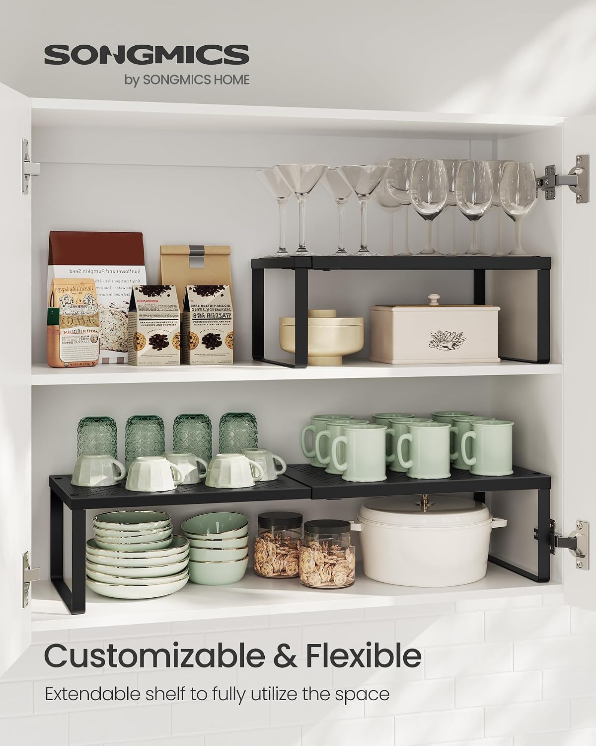 SONGMICS Spice Rack, Expandable Kitchen Countertop Shelf, Steel | Small Cupboard Organizer, Space-Saving, Tabletop
